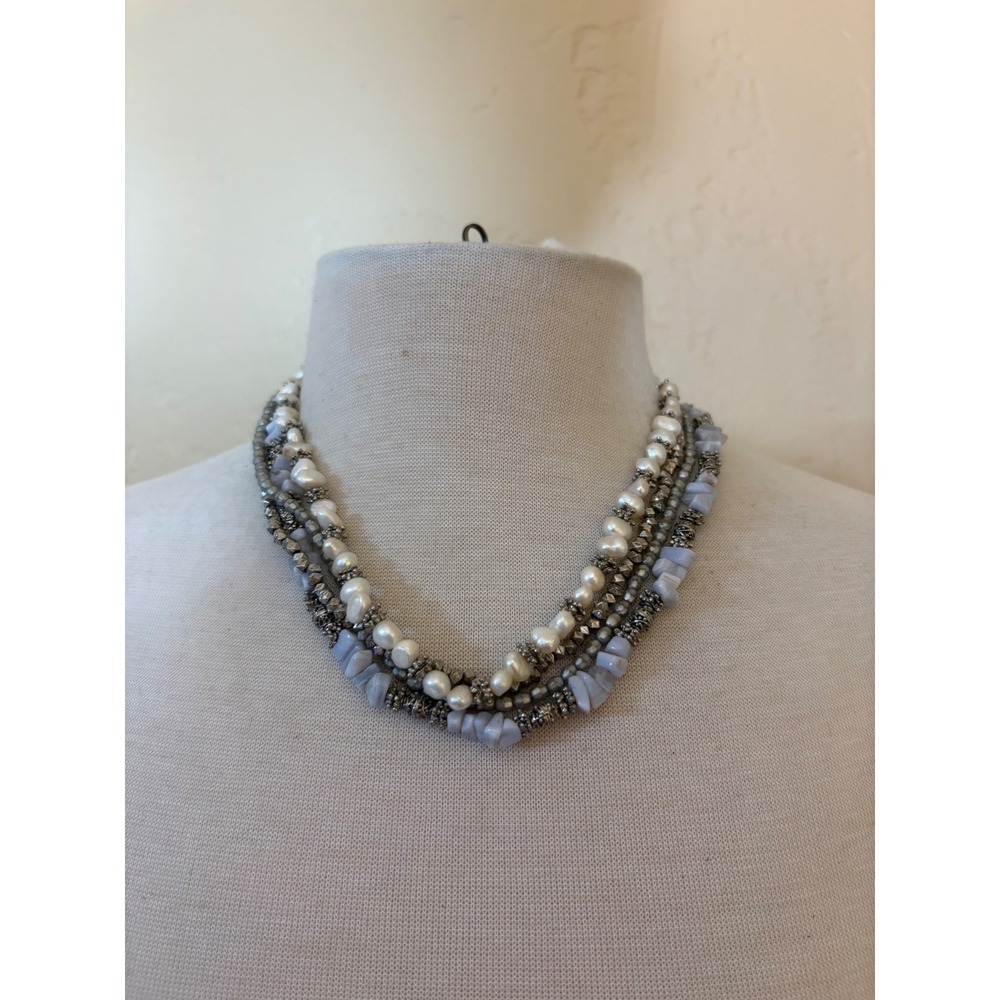 Multi Strand Freshwater Pearl Blue Lace Agate Statement Necklace Silver Tone